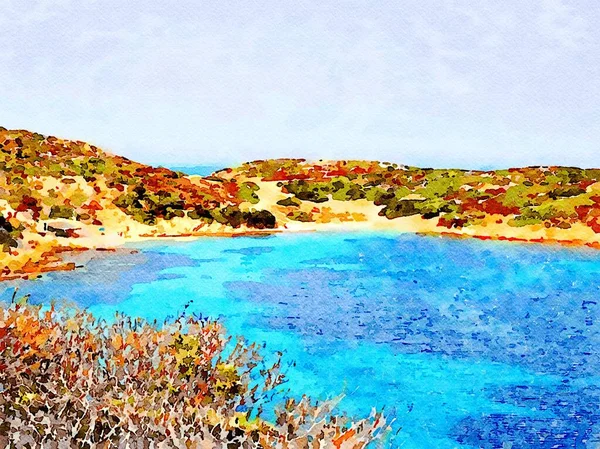 Watercolor painting of a glimpse of a bay with a beach during a sunny day — Fotografia de Stock