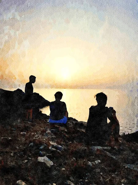 Digital Color Painting Watercolor Silhouette Three People Contemplating Sunset Coast — Fotografia de Stock