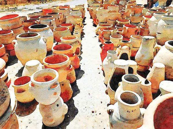 Digital Watercolor Painting Clay Pots Outdoors Sunny Day — стоковое фото