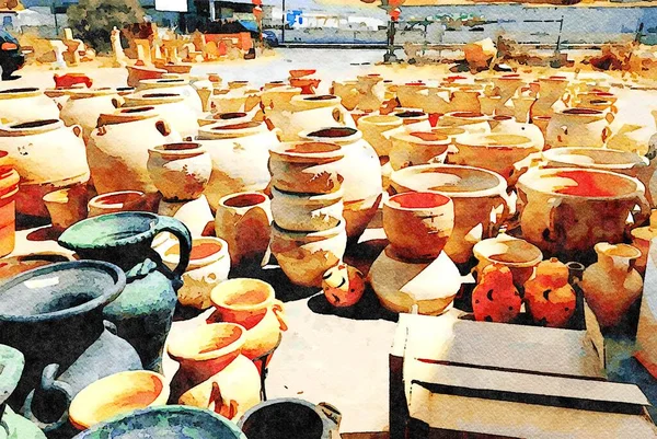 Digital Watercolor Painting Clay Pots Outdoors Sunny Day — Fotografia de Stock