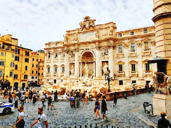 Digitální Barevná Akvarel Malba Denní Pohled Fontánu Říma Itálii — Stock fotografie