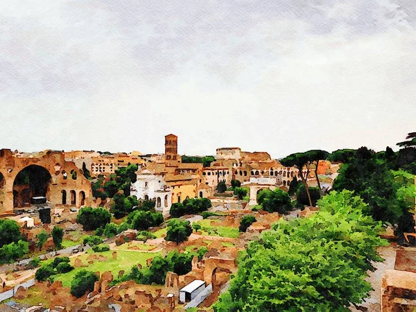 Digitale Kleur Aquarel Schilderij Van Een Uitzicht Oude Ruïnes Van — Stockfoto