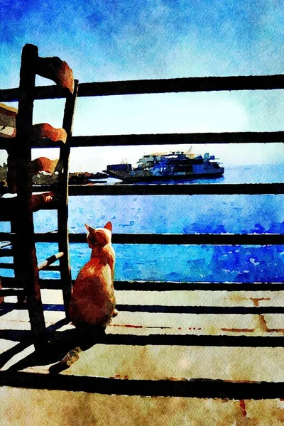Акварель кошки, сидящей на балконе и смотрящей на паром, прибывающий на пристань. — стоковое фото