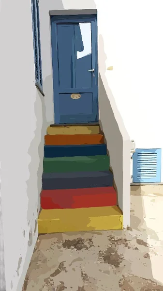 Εικονογράφηση μιας εισόδου σπιτιού με πολύχρωμα βήματα σε μια ηλιόλουστη μέρα. — Φωτογραφία Αρχείου