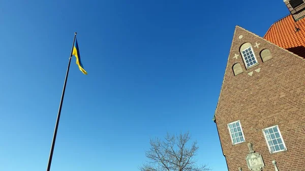 Ostersund, İsveç, 13 Mart 2022: Ukrayna bayrağını gösteren etkileyici tarihi belediye binası. — Stok fotoğraf