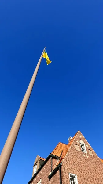 Ostersund, İsveç, 13 Mart 2022: Ukrayna bayrağını gösteren etkileyici tarihi belediye binası. — Stok fotoğraf