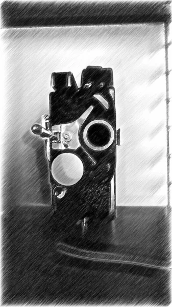 Black and white digital drawing of an antique movie camera — ストック写真