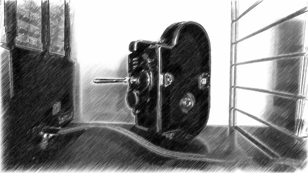 Black and white digital drawing of an antique movie camera — Stok fotoğraf