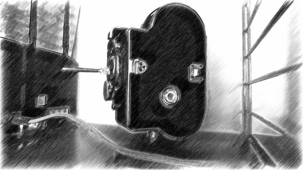 Black and white digital drawing of an antique movie camera — Stok fotoğraf