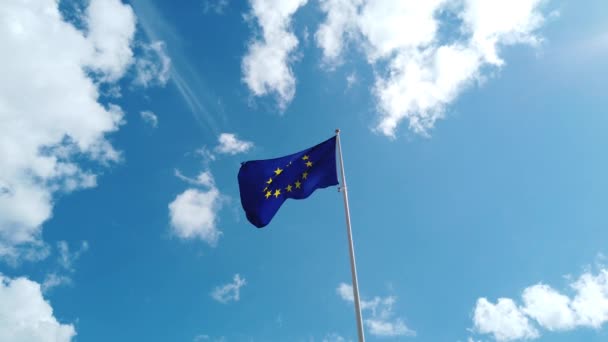 Flaga Unii Europejskiej Trzepocze Niebie Podczas Wietrznego Pochmurnego Dnia — Wideo stockowe