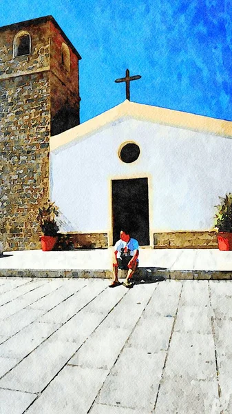 Homem Está Sentado Frente Fachada Uma Pequena Igreja Dia Ensolarado — Fotografia de Stock