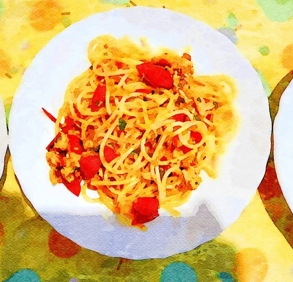 Talerz Spaghetti Dente Świeżymi Pomidorami Gotowy Zjedzenia — Zdjęcie stockowe