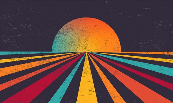 Egzotik güneş retro afişi. Klasik renkli grunge güneş patlaması vektör çizimi.