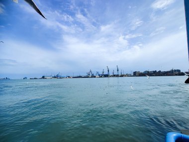 Okyanus ve mavi gökyüzü arka plan ile deniz yanında Balık tutma ve uçan martılar