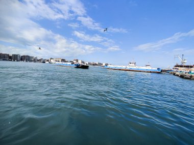 Okyanus ve mavi gökyüzü arka plan ile deniz yanında Balık tutma ve uçan martılar