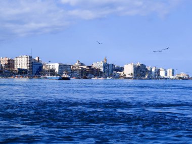 Okyanus ve mavi gökyüzü arka plan ile deniz yanında Balık tutma ve uçan martılar