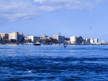 Okyanus ve mavi gökyüzü arka plan ile deniz yanında Balık tutma ve uçan martılar