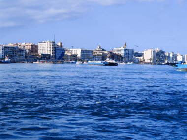 Okyanus ve mavi gökyüzü arka plan ile deniz yanında Balık tutma ve uçan martılar