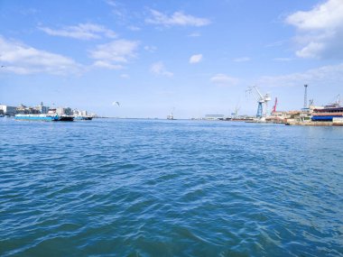 Okyanus ve mavi gökyüzü arka plan ile deniz yanında Balık tutma ve uçan martılar