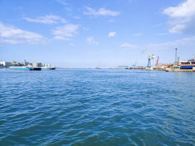 Okyanus ve mavi gökyüzü arka plan ile deniz yanında Balık tutma ve uçan martılar