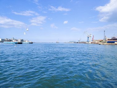 Okyanus ve mavi gökyüzü arka plan ile deniz yanında Balık tutma ve uçan martılar