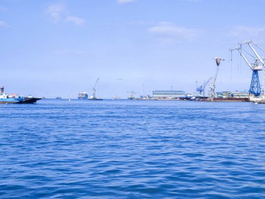 Okyanus ve mavi gökyüzü arka plan ile deniz yanında Balık tutma ve uçan martılar