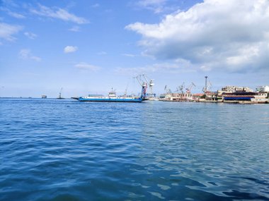 Okyanus ve mavi gökyüzü arka plan ile deniz yanında Balık tutma ve uçan martılar