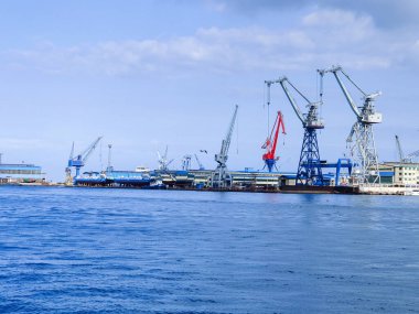 Okyanus ve mavi gökyüzü arka plan ile deniz yanında Balık tutma ve uçan martılar
