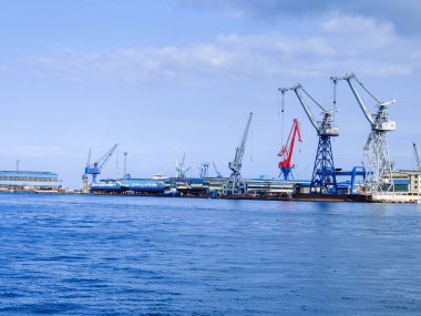 Okyanus ve mavi gökyüzü arka plan ile deniz yanında Balık tutma ve uçan martılar