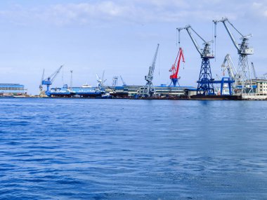Okyanus ve mavi gökyüzü arka plan ile deniz yanında Balık tutma ve uçan martılar