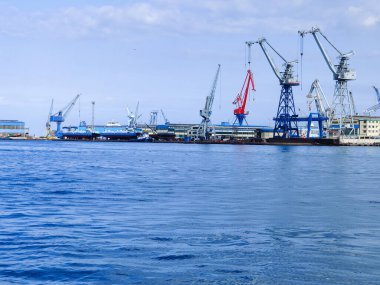 Okyanus ve mavi gökyüzü arka plan ile deniz yanında Balık tutma ve uçan martılar