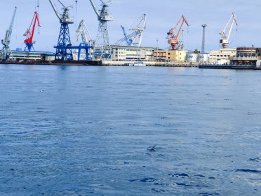 Okyanus ve mavi gökyüzü arka plan ile deniz yanında Balık tutma ve uçan martılar