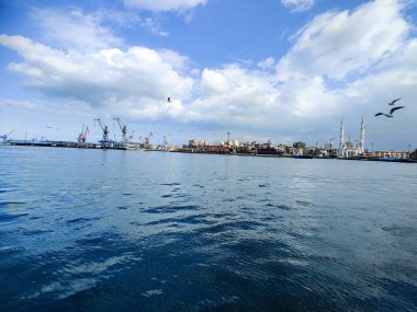 Okyanus ve mavi gökyüzü arka plan ile deniz yanında Balık tutma ve uçan martılar