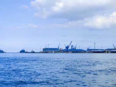 Okyanus ve mavi gökyüzü arka plan ile deniz yanında Balık tutma ve uçan martılar