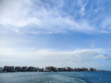 Okyanus ve mavi gökyüzü arka plan ile deniz yanında Balık tutma ve uçan martılar