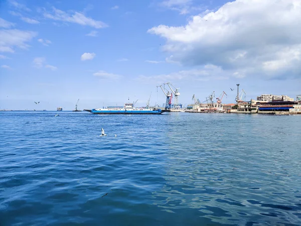 Okyanus ve mavi gökyüzü arka plan ile deniz yanında Balık tutma ve uçan martılar