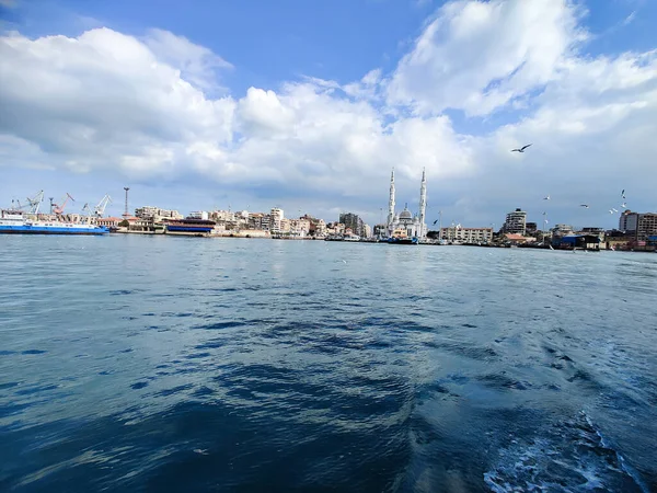 Gaivotas Voando Pescando Lado Mar Com Fundo Oceano Céu Azul — Fotografia de Stock