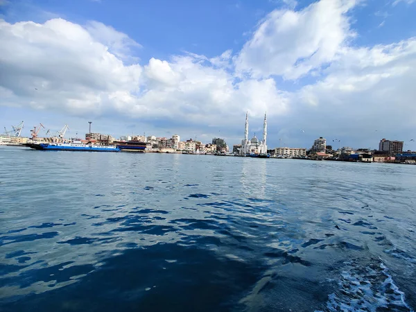 Gaivotas Voando Pescando Lado Mar Com Fundo Oceano Céu Azul — Fotografia de Stock