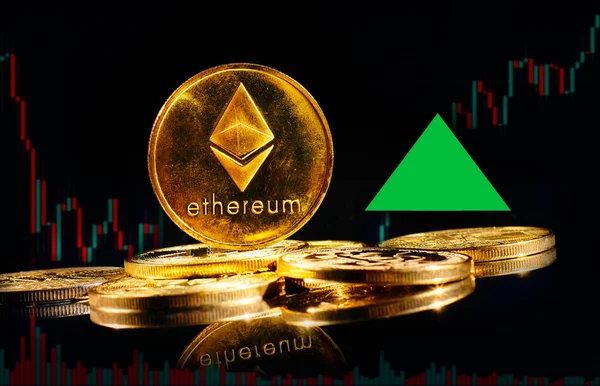 Golden coin with Ethereum logo rise in bull market. New cryptocurrency Ethereum ETH 2.0 go up in trading. Price of decentralized digital currency is growing up. Electronic money on black background