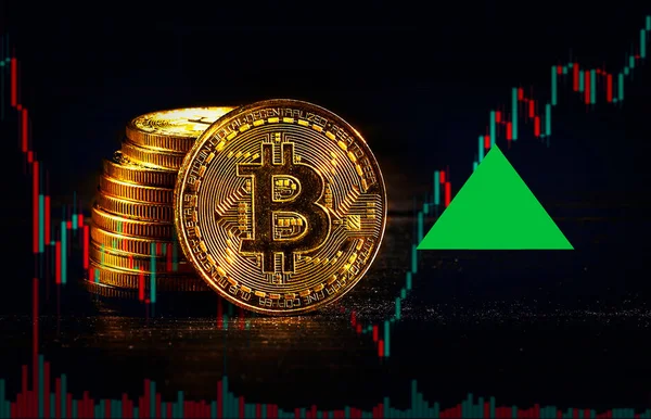 Boğa pazarında bitcoin logosu olan altın paralar yükseliyor. Lider şifreli para birimi Bitcoin BTC ticarette yükseliyor. Merkezi olmayan dijital para biriminin fiyatı artıyor. Siyah arkaplanda elektronik para
