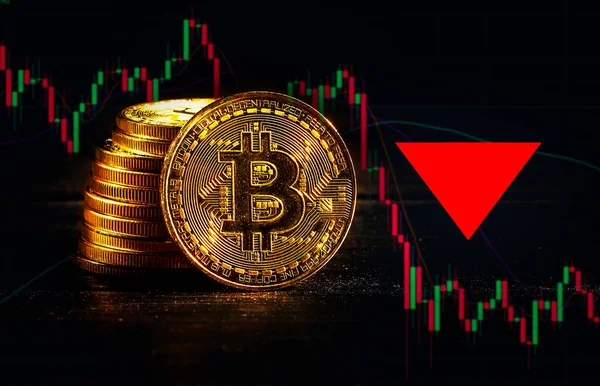 Kripto çöküyor. Ayı pazarına üzerinde bitcoin logosu olan altın sikkeler. Lider kripto para birimi Bitcoin BTC 'nin geri çekilmesi. Merkezi olmayan dijital para birimi düştü. Siyah arkaplanda elektronik para