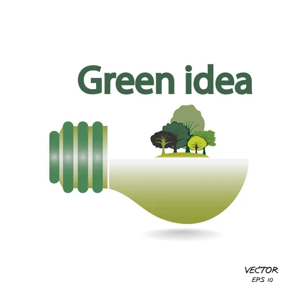 Árboles y bombilla verde sobre fondo blanco, idea verde — Archivo Imágenes Vectoriales
