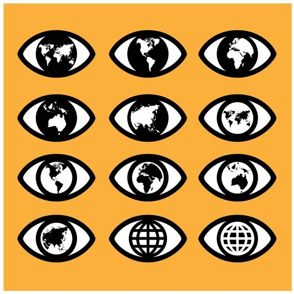 Signo de mapa del mundo en el ojo, signo ocular, concepto de visión, símbolo del mundo — Vector de stock