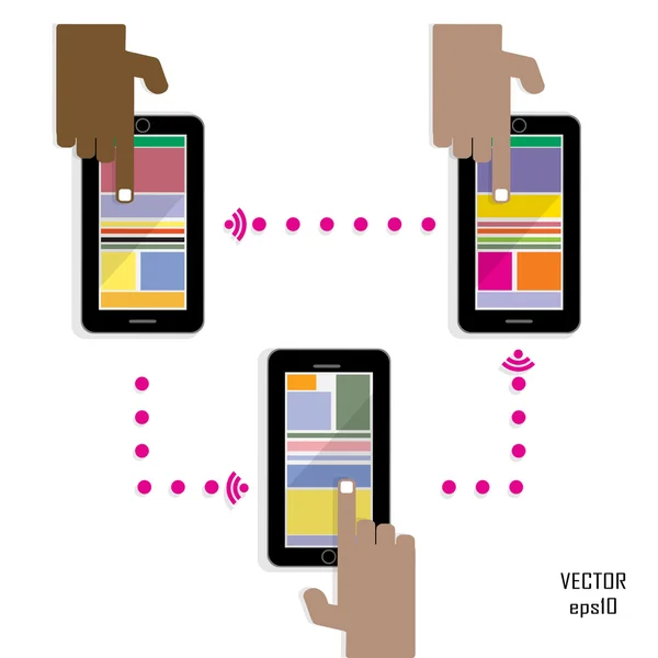 Hand röra smartphone och tablet med datorikonen. konceptet — Stock vektor