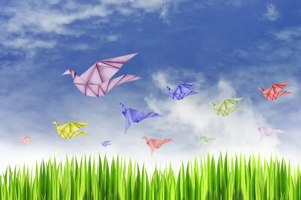 Paper birds on blue sky background — Stock Photo, Image
