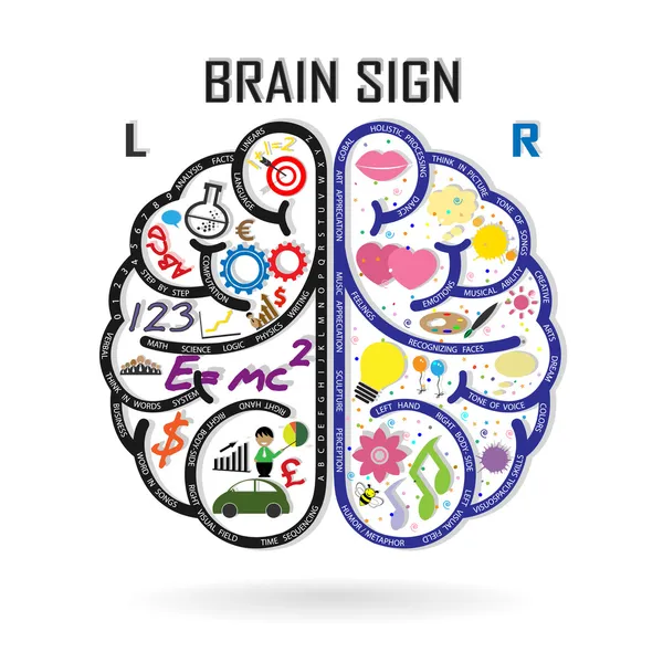 Linkes und rechtes Gehirnsymbol, Zeichen der Kreativität, Geschäftssymbol, Wissen — Stockvektor