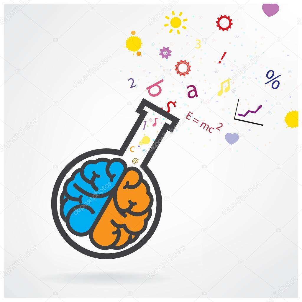 Creative left and right brain sign with the test tube on grey ba
