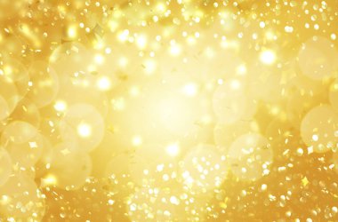Altın parıltılı şampanya arka planı ve bokeh, gelişigüzel düşen konfeti, noel arkaplanı