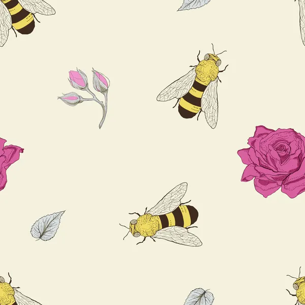 Abeja y rosa patrón sin costura — Vector de stock