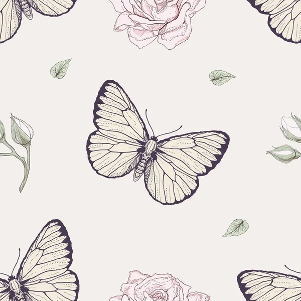 蝶と薔薇のシームレスなパターン — ストックベクタ